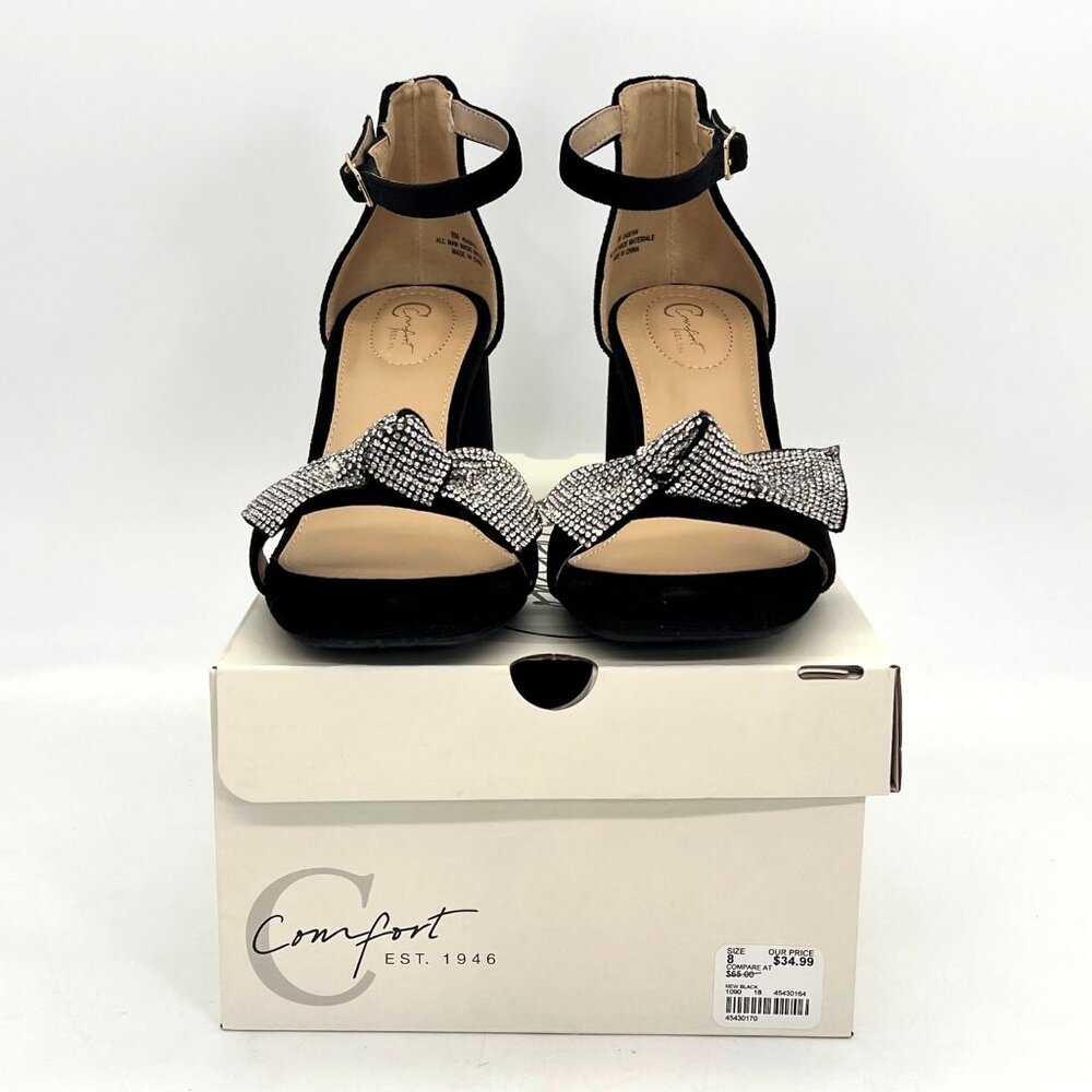 Comfort Black Velvet Ankle Strap Block Heels Womens Shoes Size 8 Rhinestone Bow - Picture 4 of 16